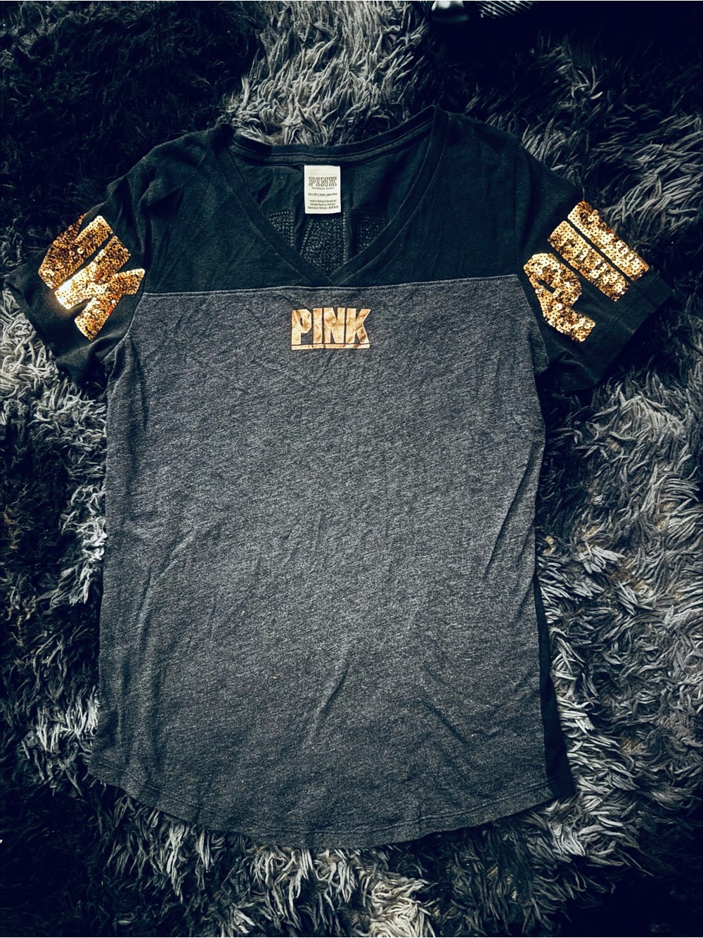 PINK Victoria's Secret Black V-Neck Tee with Gold Logo